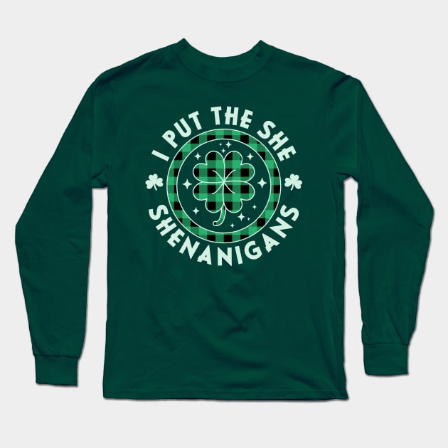 I Put The She In Shenanigans Women St Patricks Day Plaid Long Sleeve T-Shirt by OrangeMonkeyArt